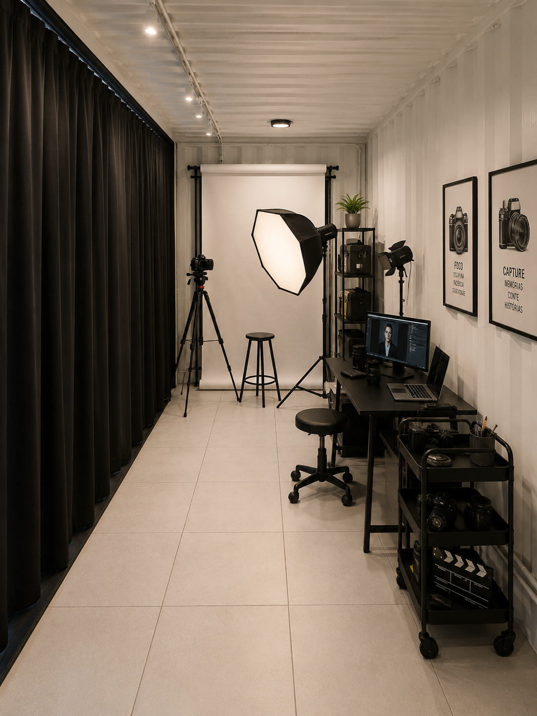 Interior de sala comercial em container na Turismoteca